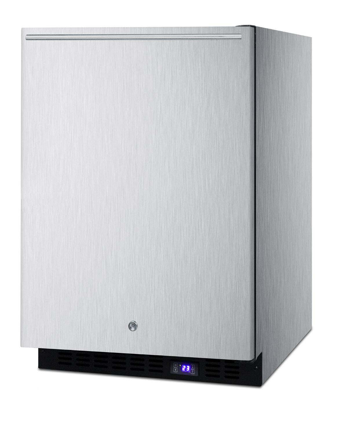Frost-free outdoor all-freezer in complete stainless steel, with icemaker, digital thermostat, horizontal handle, and lock; built-in or freestanding use